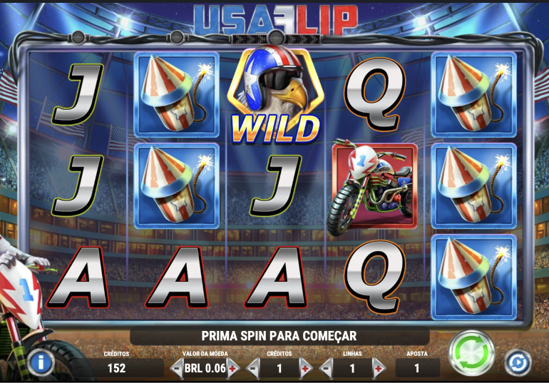 A imagem mostra o slot USA Flip. O jogo tem temática americana, com símbolos de letras, motocicletas e águias.