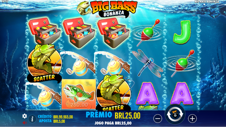 A imagem mostra uma jogada no slot Big Bass Bonanza com as linhas de pagamento ativadas