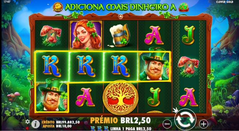 A imagem mostra o exemplo de linhas de pagamento no slot Clover Gold