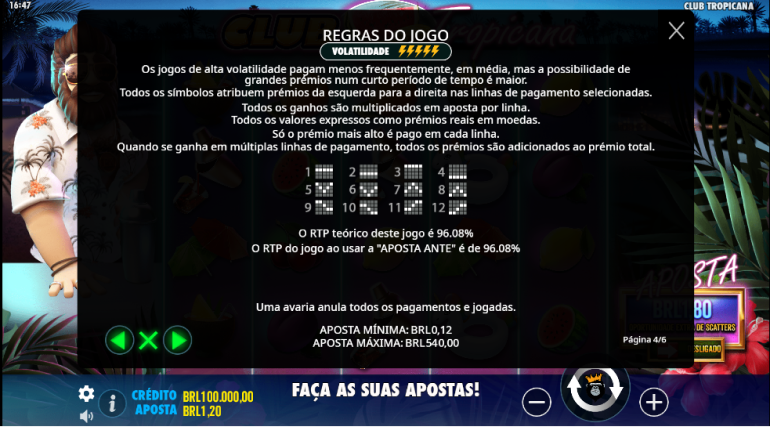 A imagem mostra a captura de tela com as linhas de pagamento do jogo de caça-níquel Club Tropicana