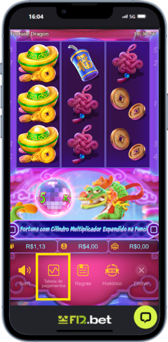 A imagem mostra onde selecionar as informações do jogo no slot Fortune Dragon