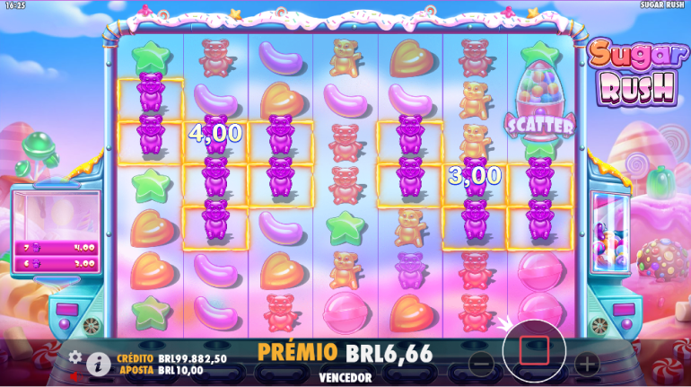 A imagem mostra o slot Sugar Rush, um jogo que conta uma mecânica sem linhas de pagamento.