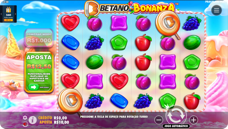 A imagem trata-se do slot original Betano Bonzana, jogo temático que remete a doces e frutas.