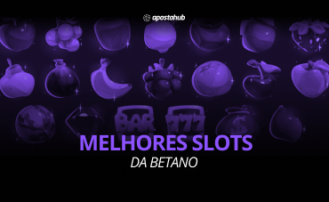 A imagem representa a ilustração de destaque do artigo Melhores slots Betano, contendo símbolos de frutas típicos de cassinos sob um fundo roxo.