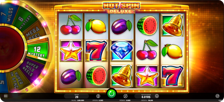 A imagem trata-se do slot Hot Spin Deluxe, um caça-níquel online  cuja estética remete aos símbolos clássics de cassino, como frutas, sinos e pedras preciosas.