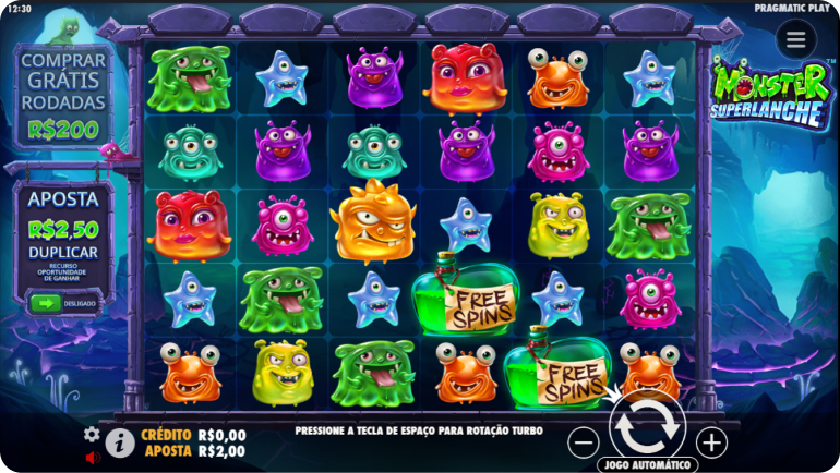 A imagem mostra a grade de símbolos do slot Monster Superlanche, com diversos montros divertidos. 