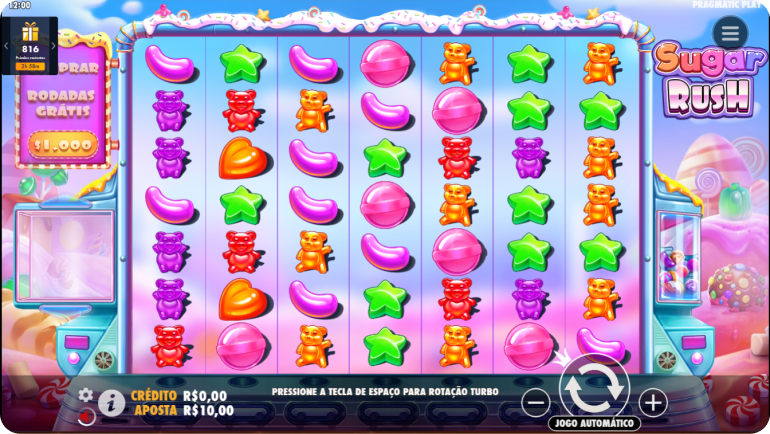 A imagem mostra o popular slot Sugar Rush, com uma grade repleta de símbolos como doces e ursos de gelatina.