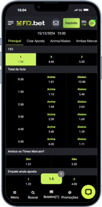 A imagem mostra as odds disponíveis para o mercado principal de 1x2 na F12.Bet.