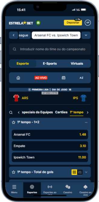 A imagem mostra o exemplo de apostas no 1º tempo na Estrela Bet