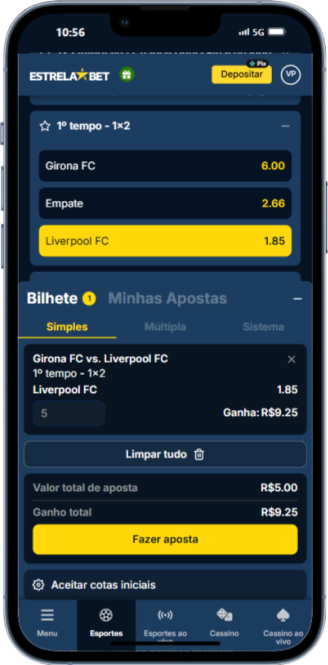 A imagem mostra uma aposta na vitória do Liverpool na plataforma Estrela Bet.