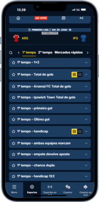 A imagem mostra os mercados disponíveis para apostas em 1º tempo na plataforma Estrela Bet
