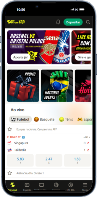 A imagem mostra o menu da plataforma Parimatch no formato mobile.